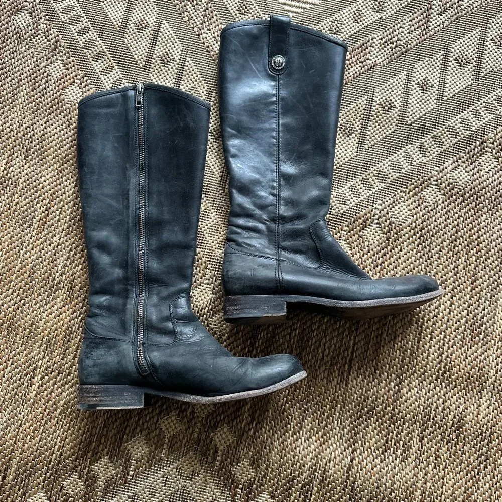 black leather FRYE Tall Riding Boots with side zipper, 7 - Picture 1 of 16
